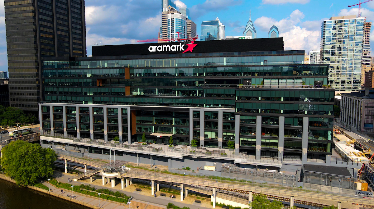 Drone shot of Aramark HQ in Philadelphia.