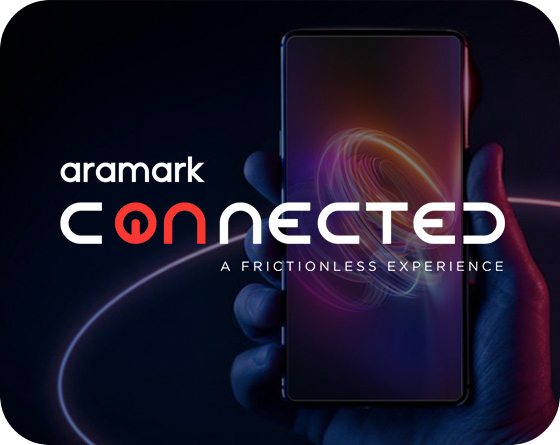 A hand holding a mobile phone, and the Aramark Connected logo.