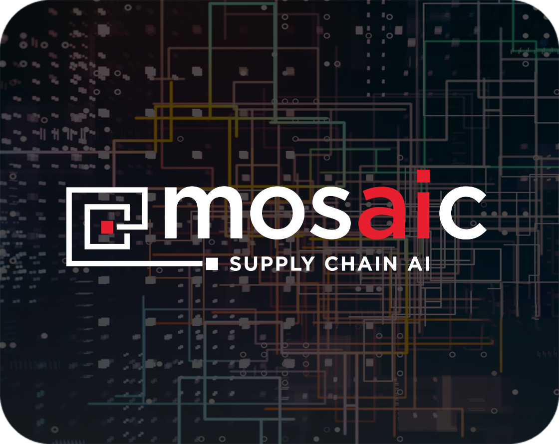 A circuitboard with the Mosaic Supply Chain AI logo.