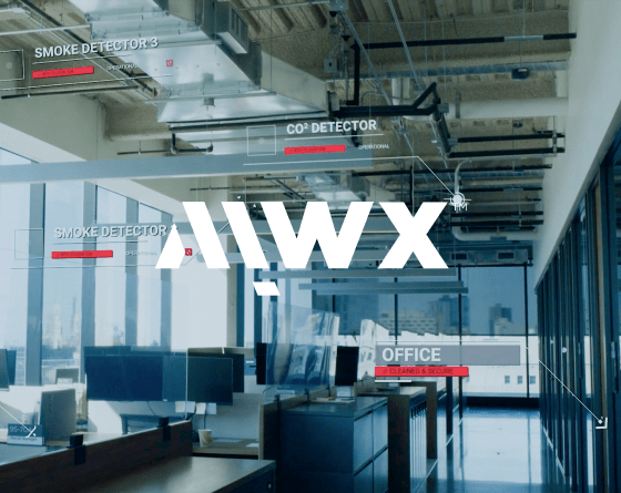AIWX Connect logo and labels for AIWX Smart Systems in an office.