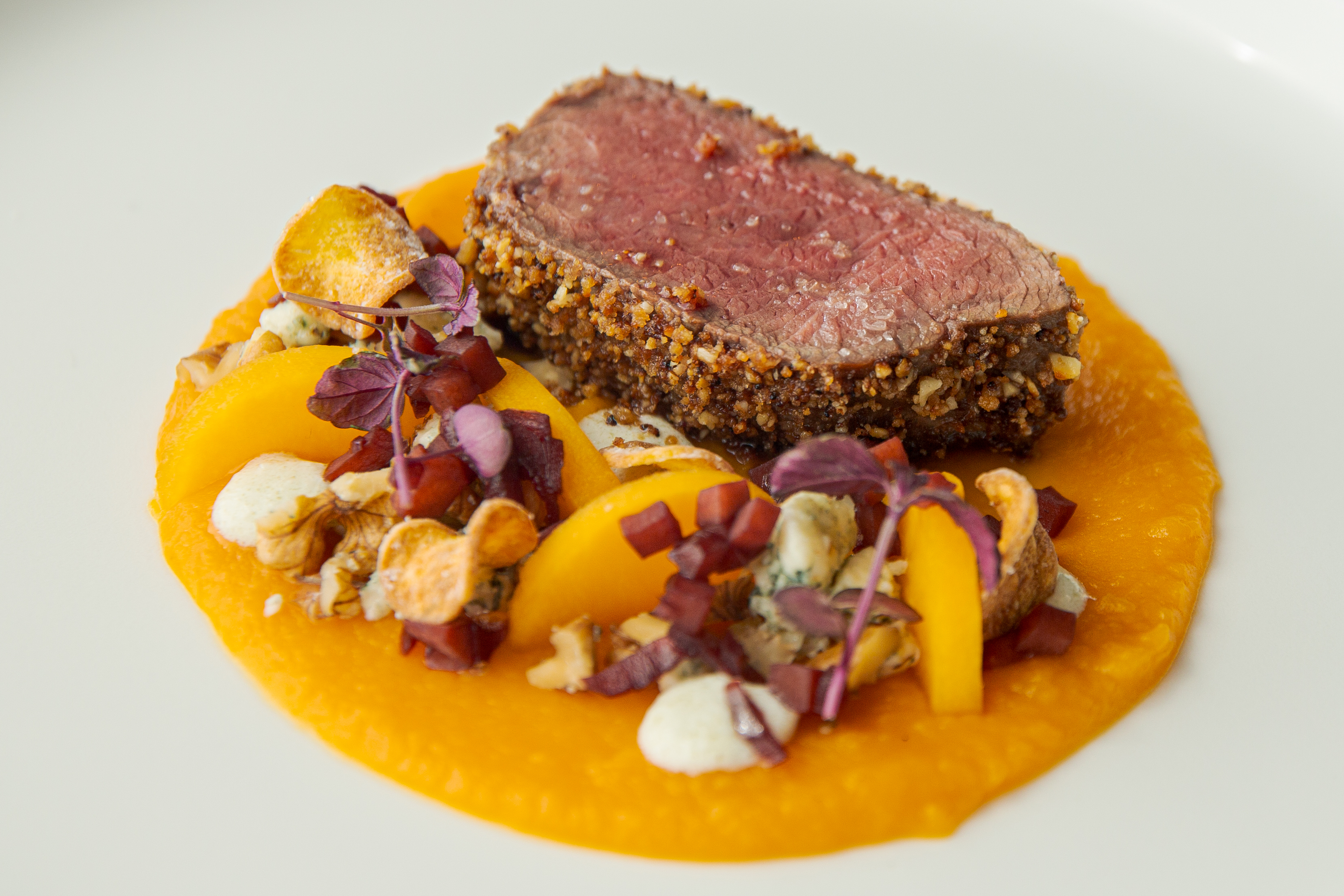 The German team's winning second course of roast venison loin with pumpkin, walnuts, and blue cheese