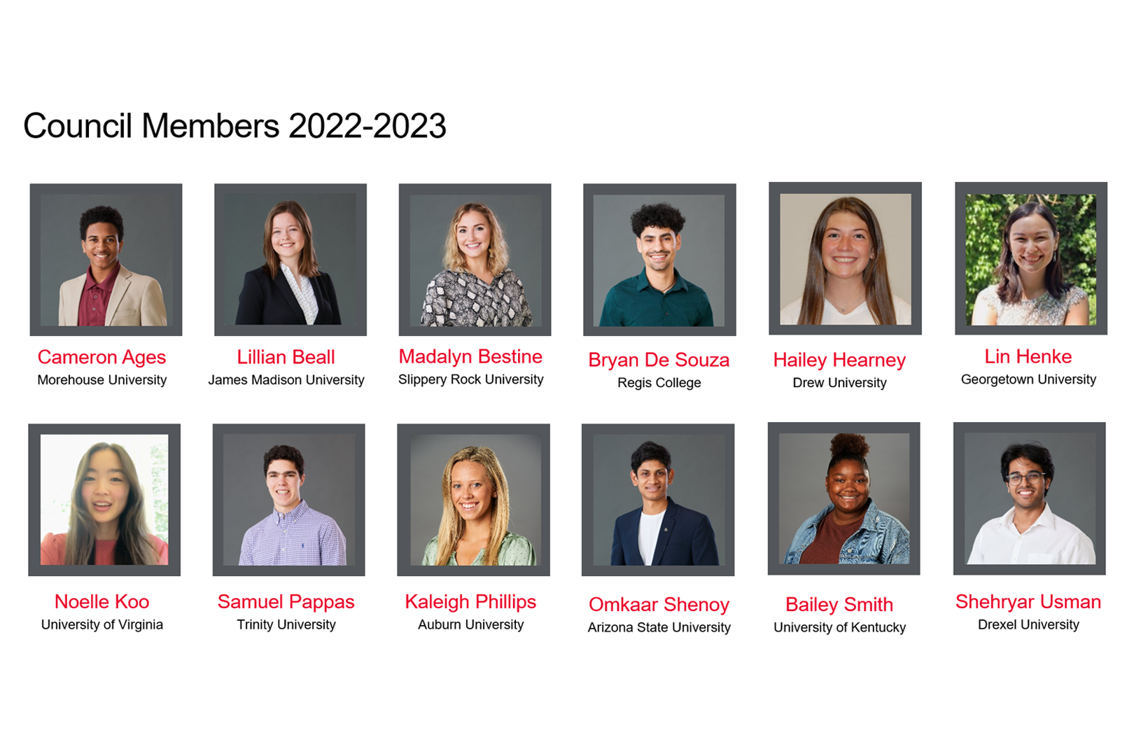 student advisors' names, headshots, and universities