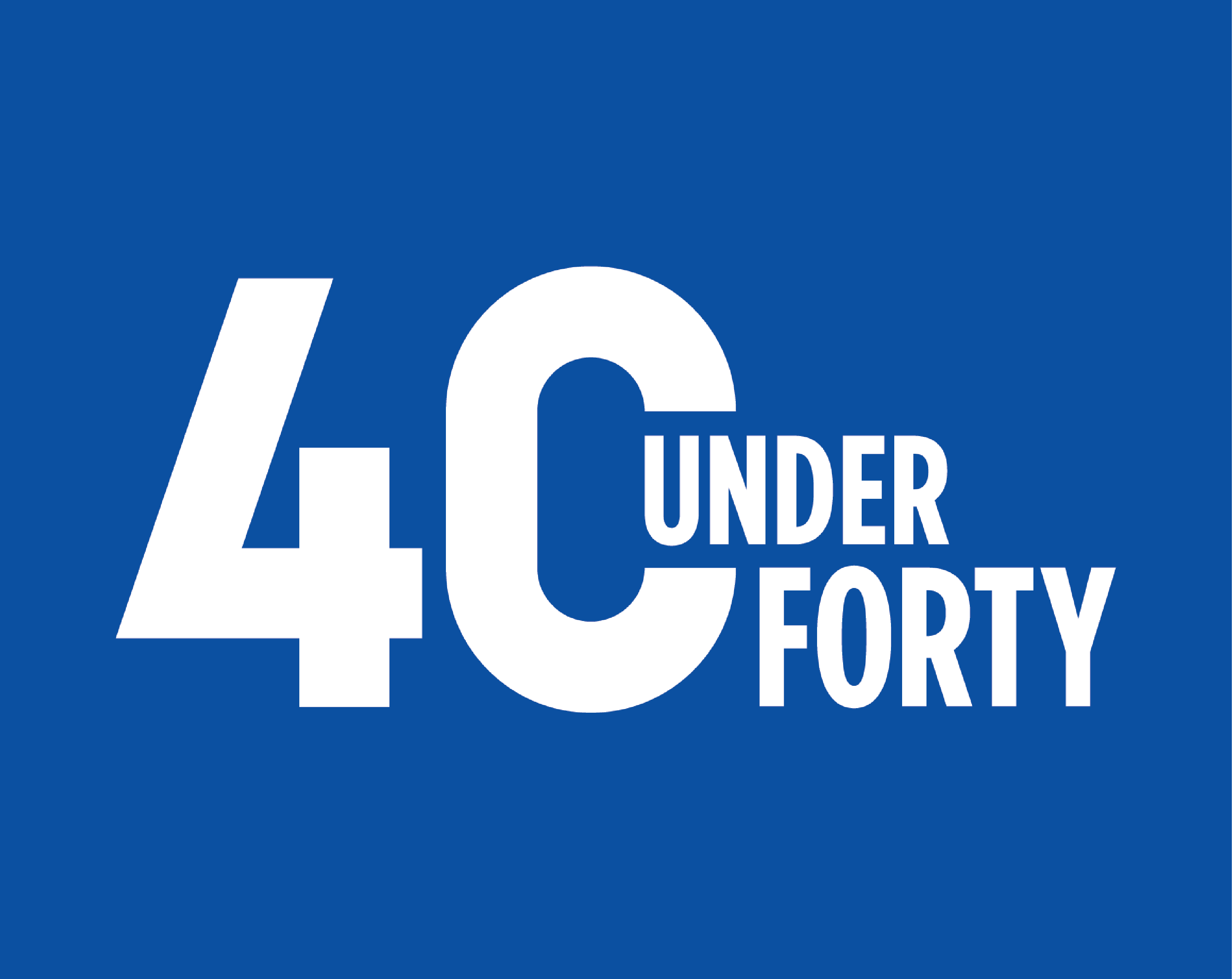 blue graphic with text reading, "40 under 40"