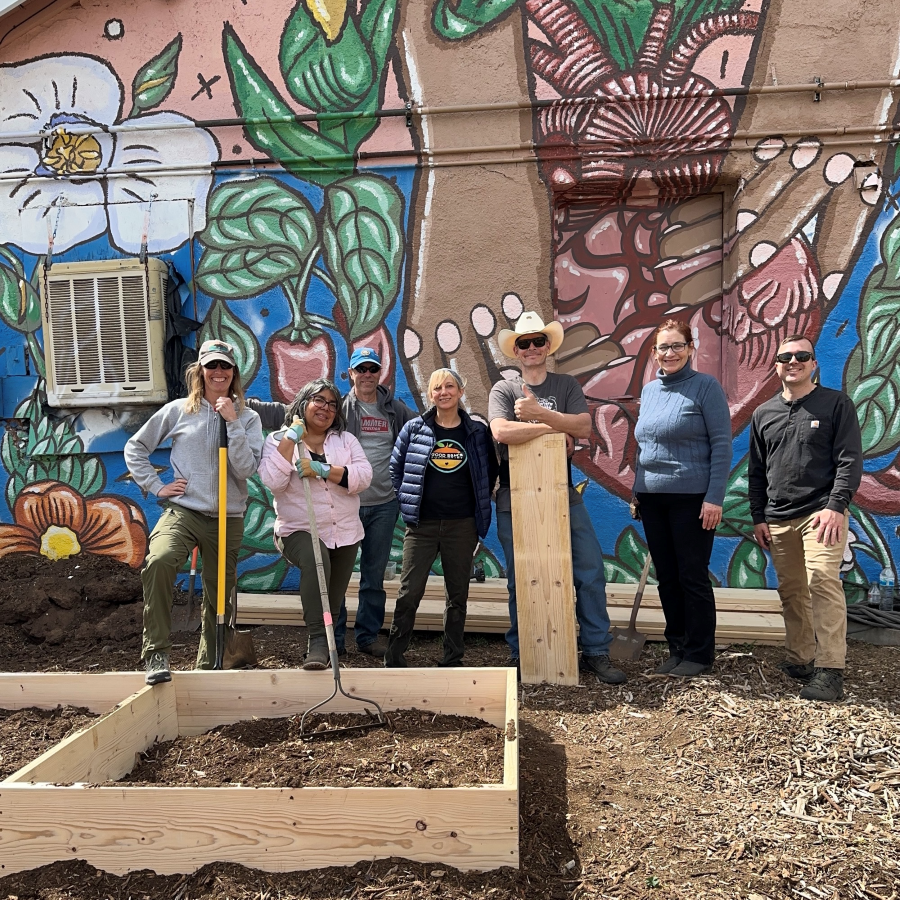 Aramark team members from Mesa Verde National Park construct new garden beds at the Good Sam's Food Pantry in Cortez, CO.