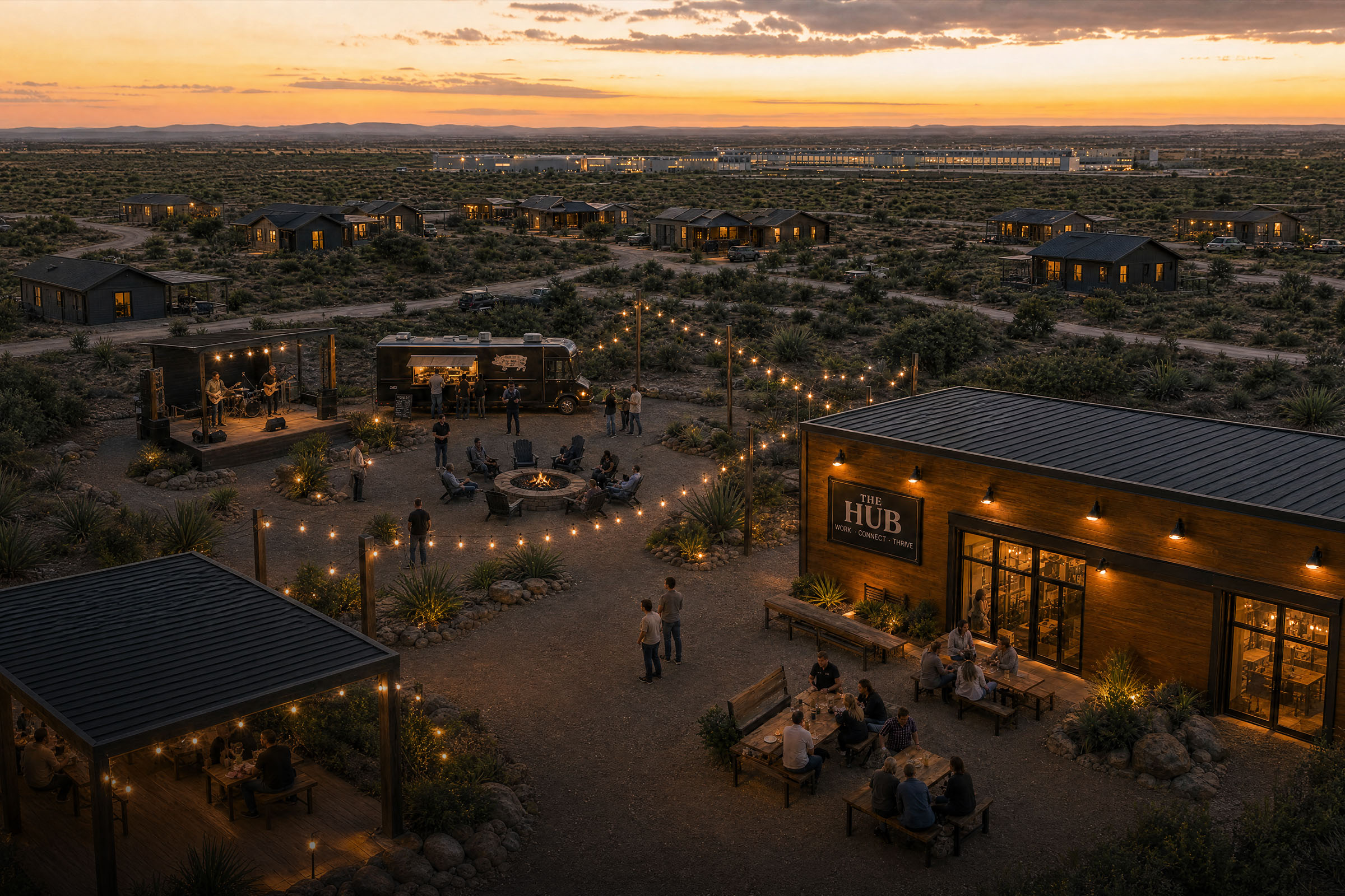 Community living in a remote space with dining area, living spaces, and a large industrial building in the background.