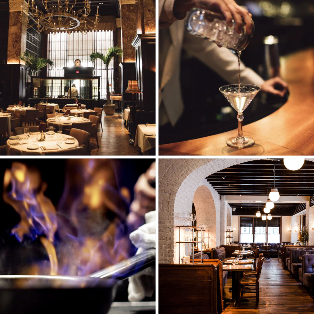A collage of scenes from a restaurant showing seating areas and food and drinks being made.