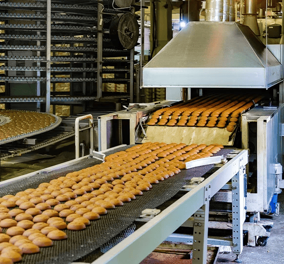 Bakery items on a conveyor belt