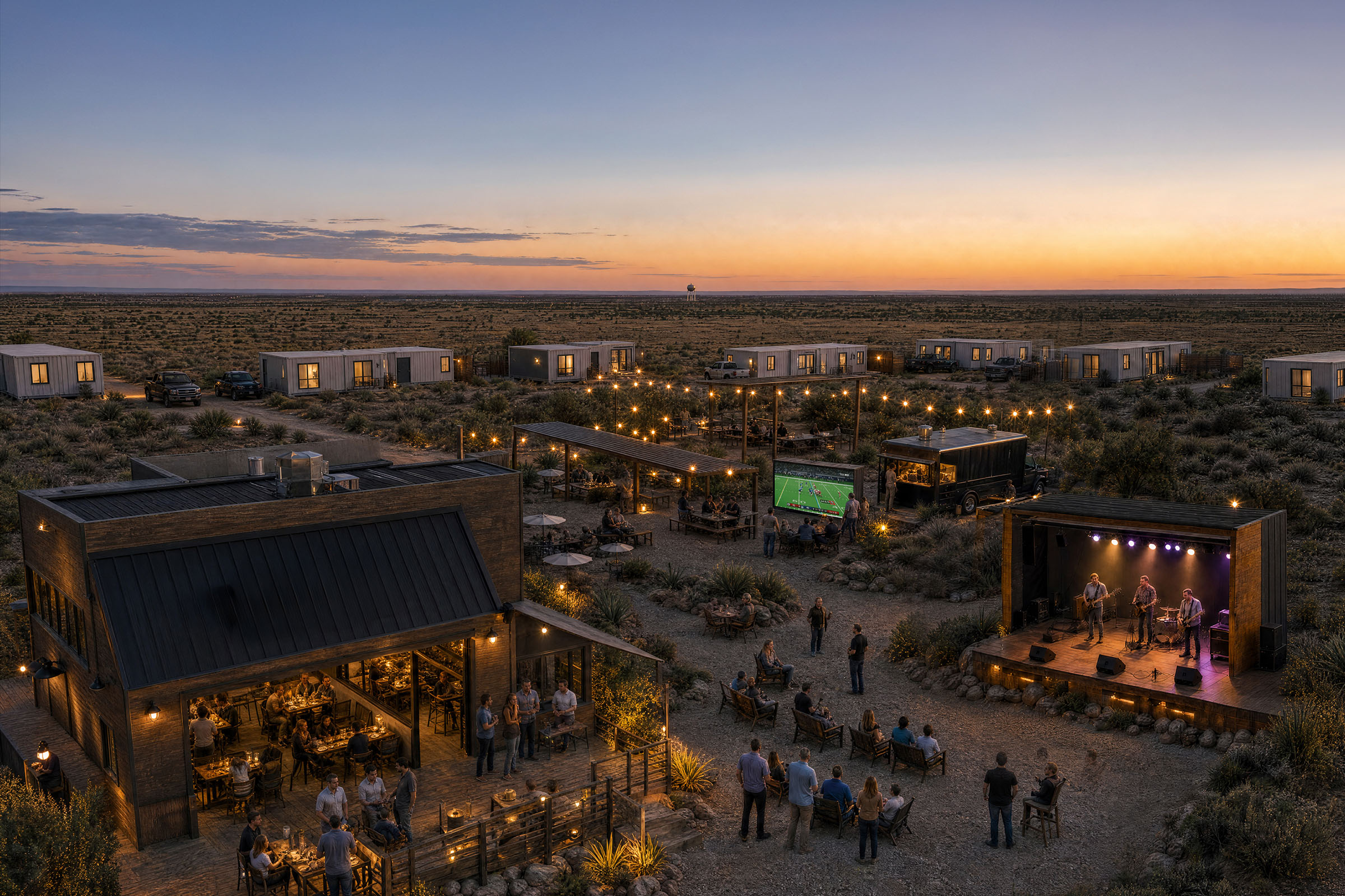 Aerial view of a workforce community at sunset.
