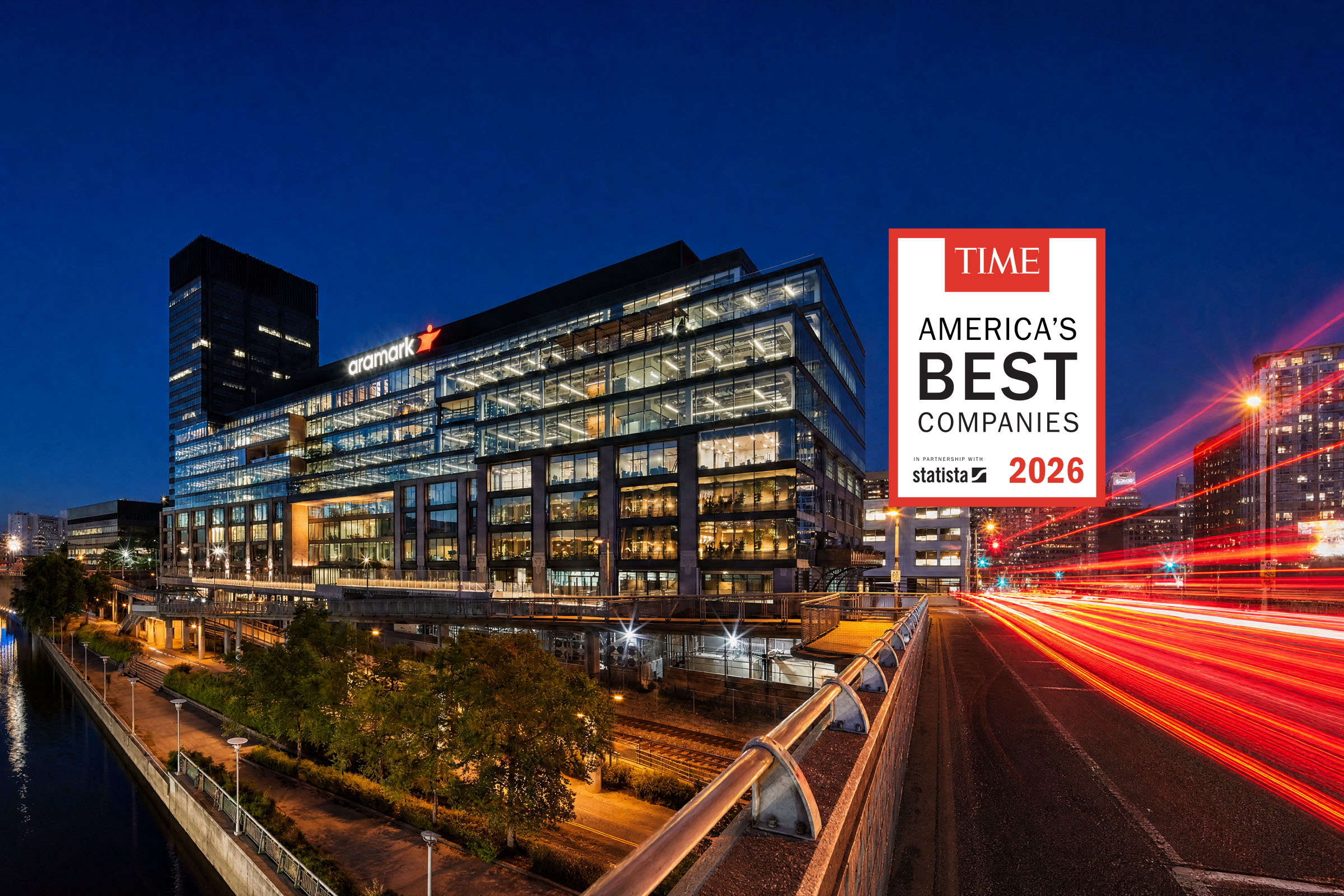 Aramark Headquarters at night overlaid by the logo for TIME America's Best Companies 2026.