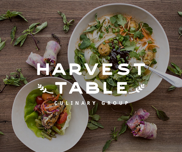 Chef plating a dish with Harvest Table logo.