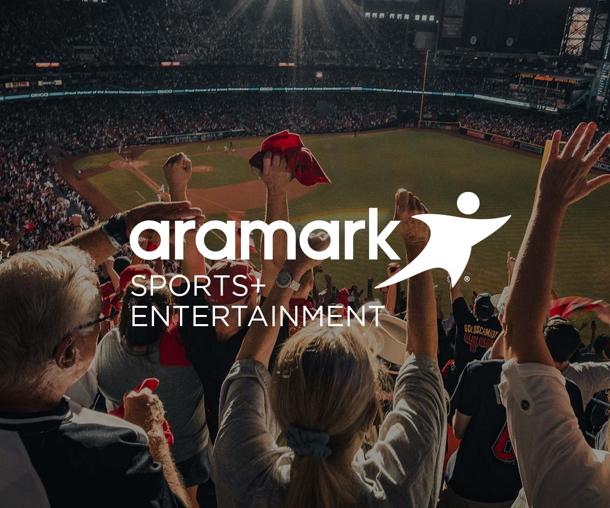People cheering in stadium with Sports and Entertainment logo.