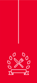Red banner with an illustration of a knife and fork, and laurels surrounding.