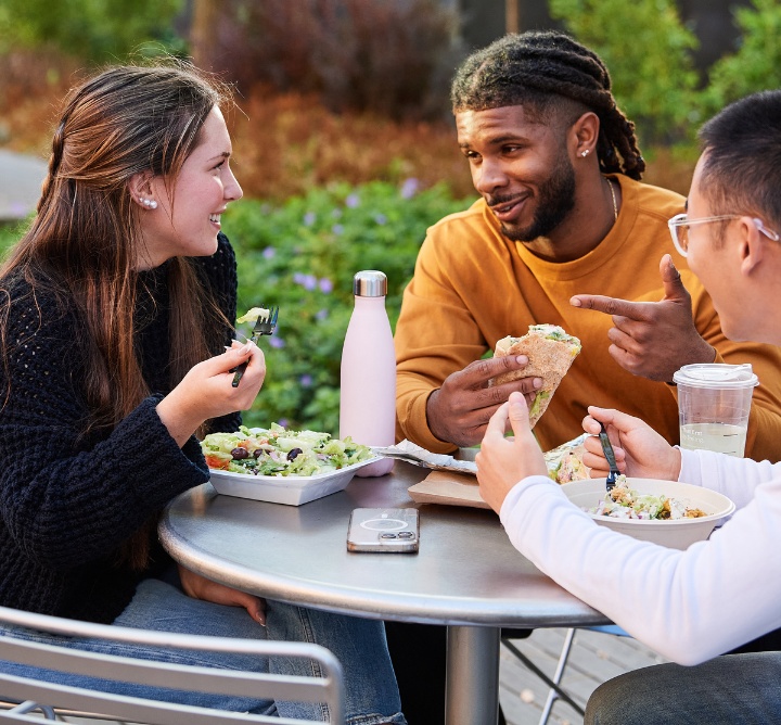 College students talking and eating lunch outdoors.
