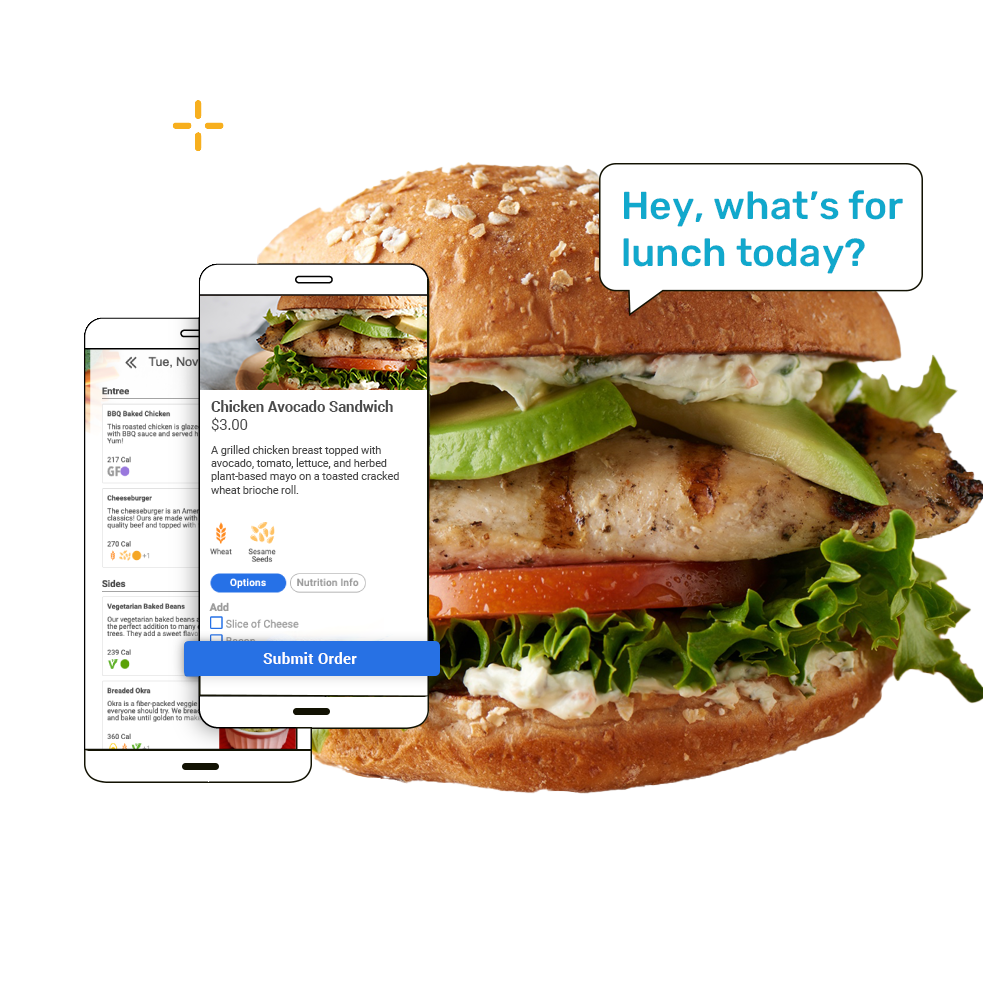 A chicken sandwich and screenshots from a food ordering app.