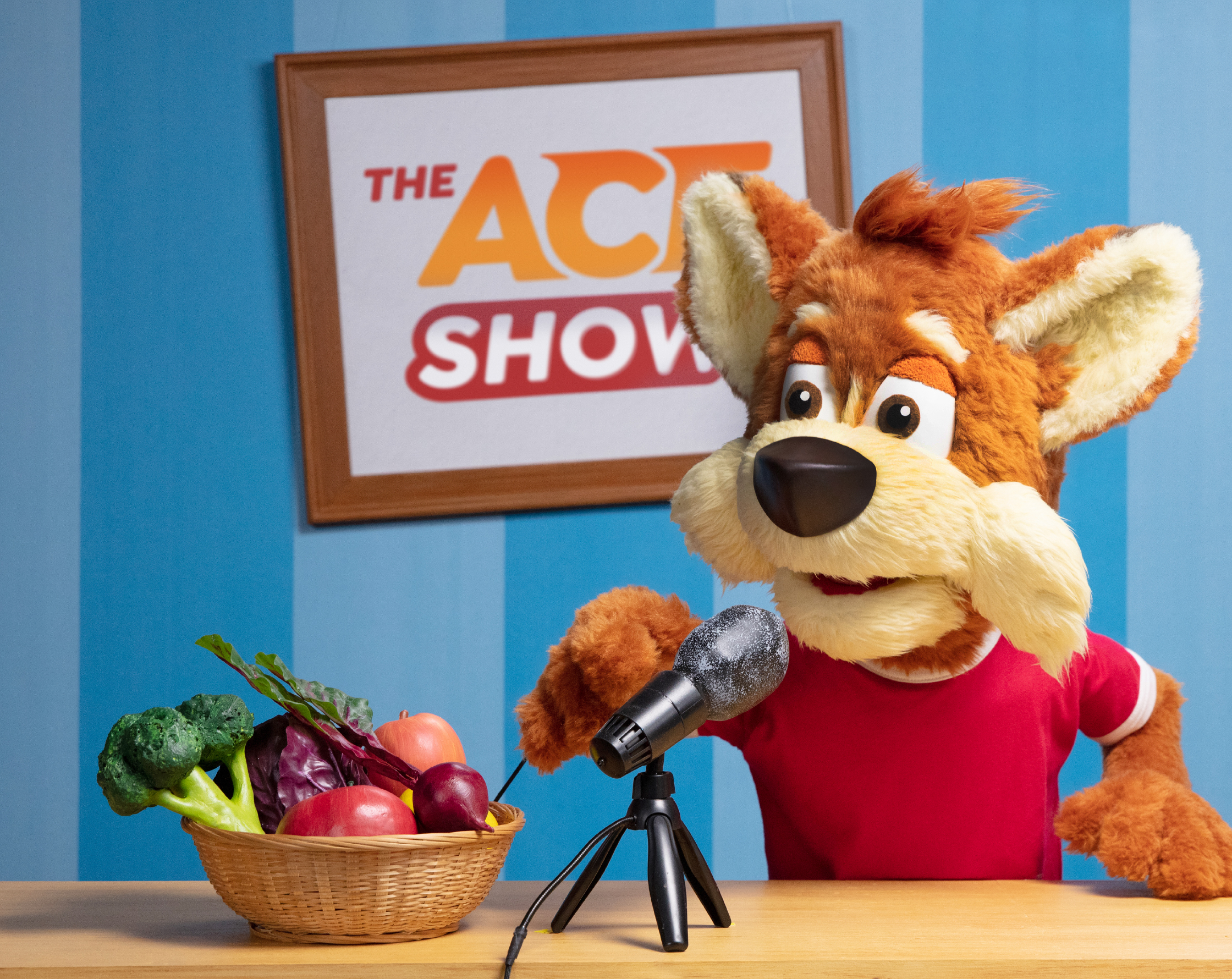 Ace the Fox mascot sitting at a desk with a sign for The Ace Show, a microphone, and a bowl of fruit.