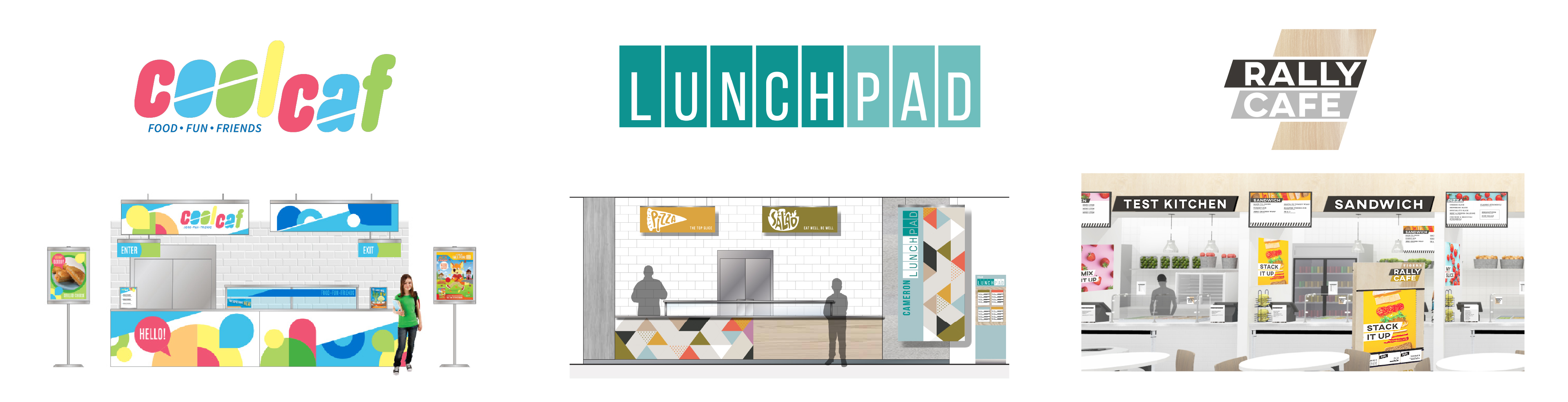 Illustrated layouts for CoolCaf, LunchPad, and Rally Cafe.
