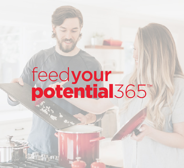 A man and a woman cooking a meal together, and the Feed Your Potential 365 logo.