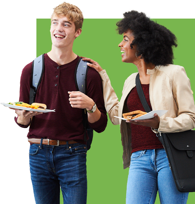 students walking with food