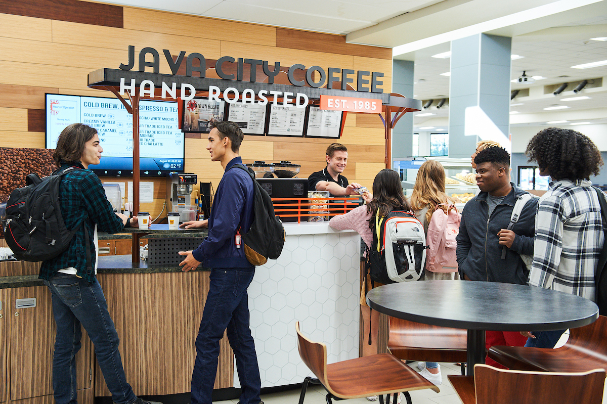 Students ordering drinks at the Java City Coffee counter.