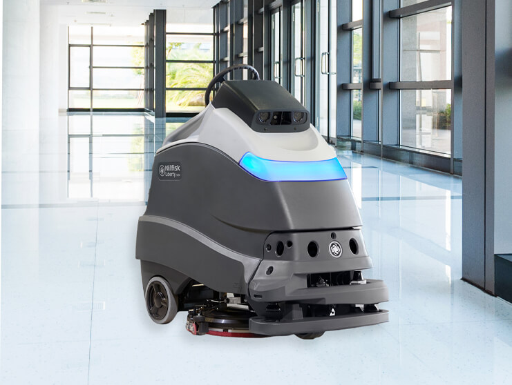 Nilfisk autonomous cleaning robot cleaning the floor of a hospital.