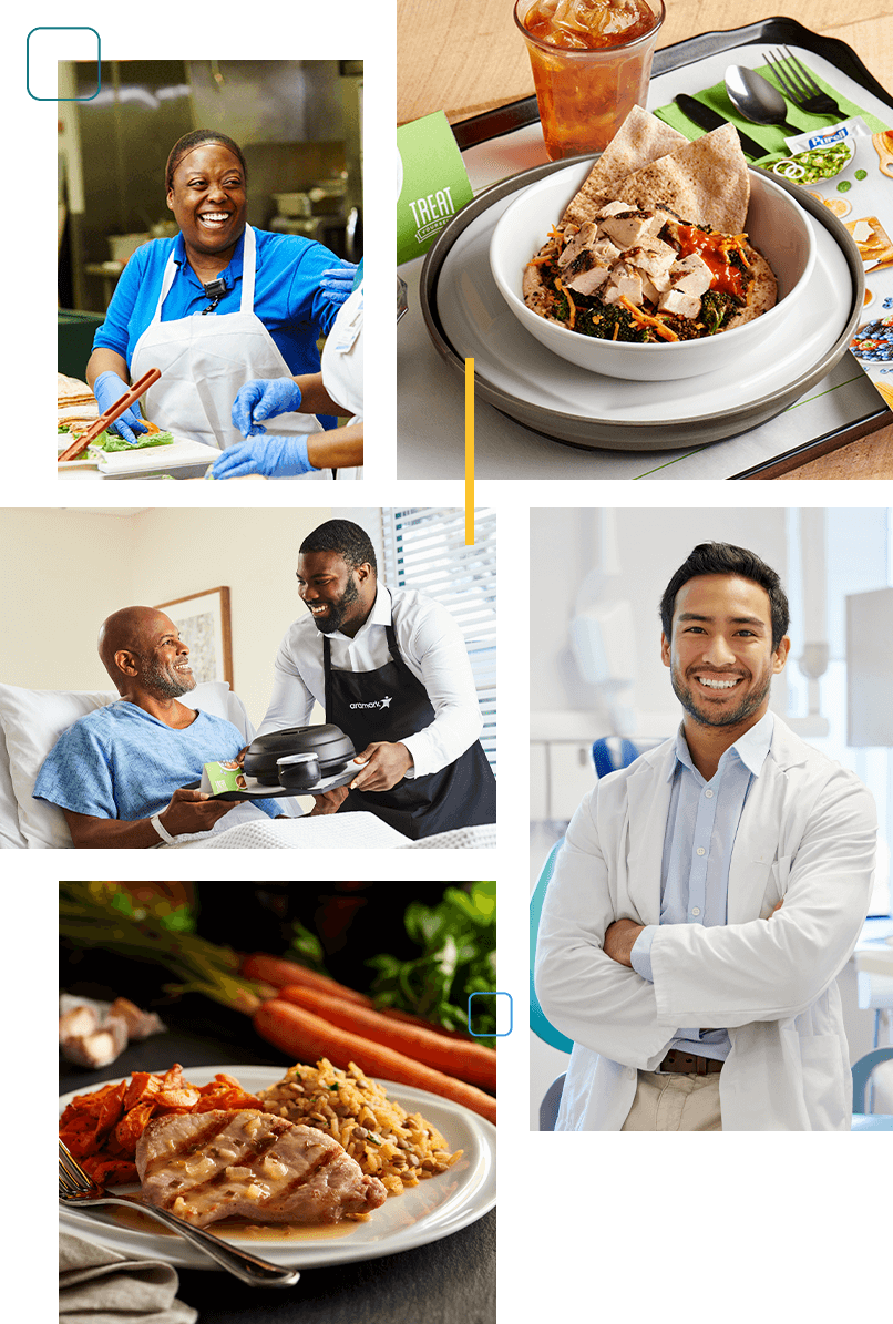 A collage of clinicians, patients, and fresh food.