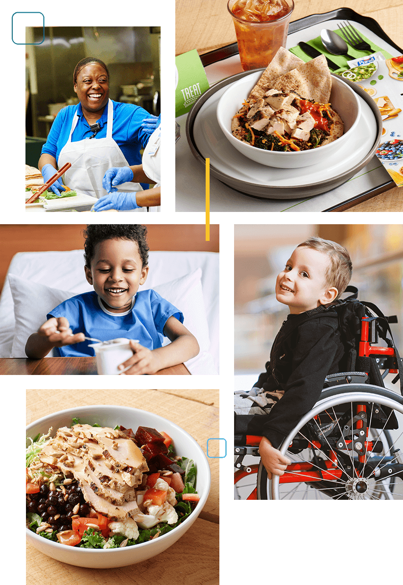 A collage of children's hospital patients and fresh food.