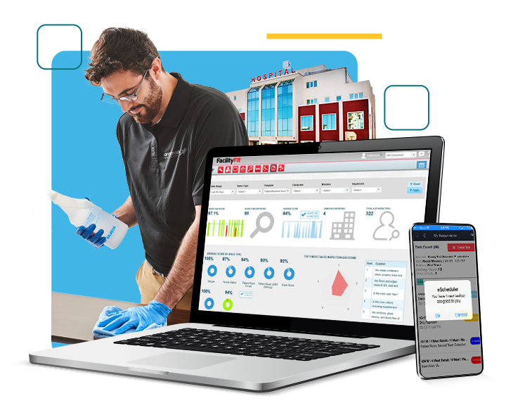 A laptop and mobile device with the FacilityFit program, and an Aramark employee disinfecting hospital surfaces.