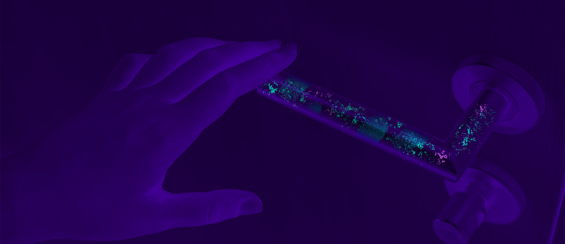A door handle illuminated with a blacklight to show the microbes and other contaminants on it.