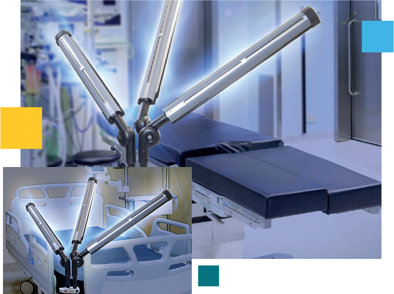 The Moonbeam3 UV-C lamp disinfecting a hospital room.