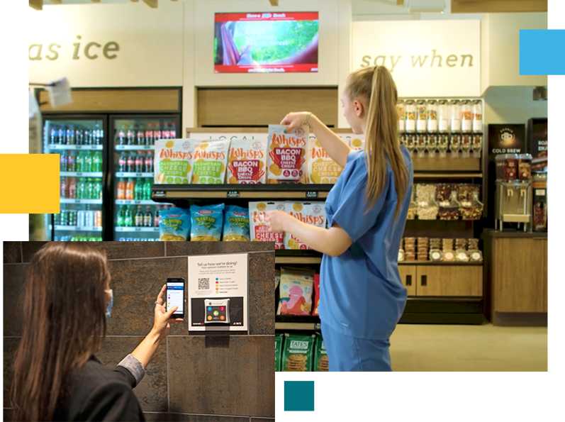 A nurse picking out a snack at the Provision on Demand convenience store, and a person scanning the QR code with her phone for the FacilityFit Pro maintenance system.