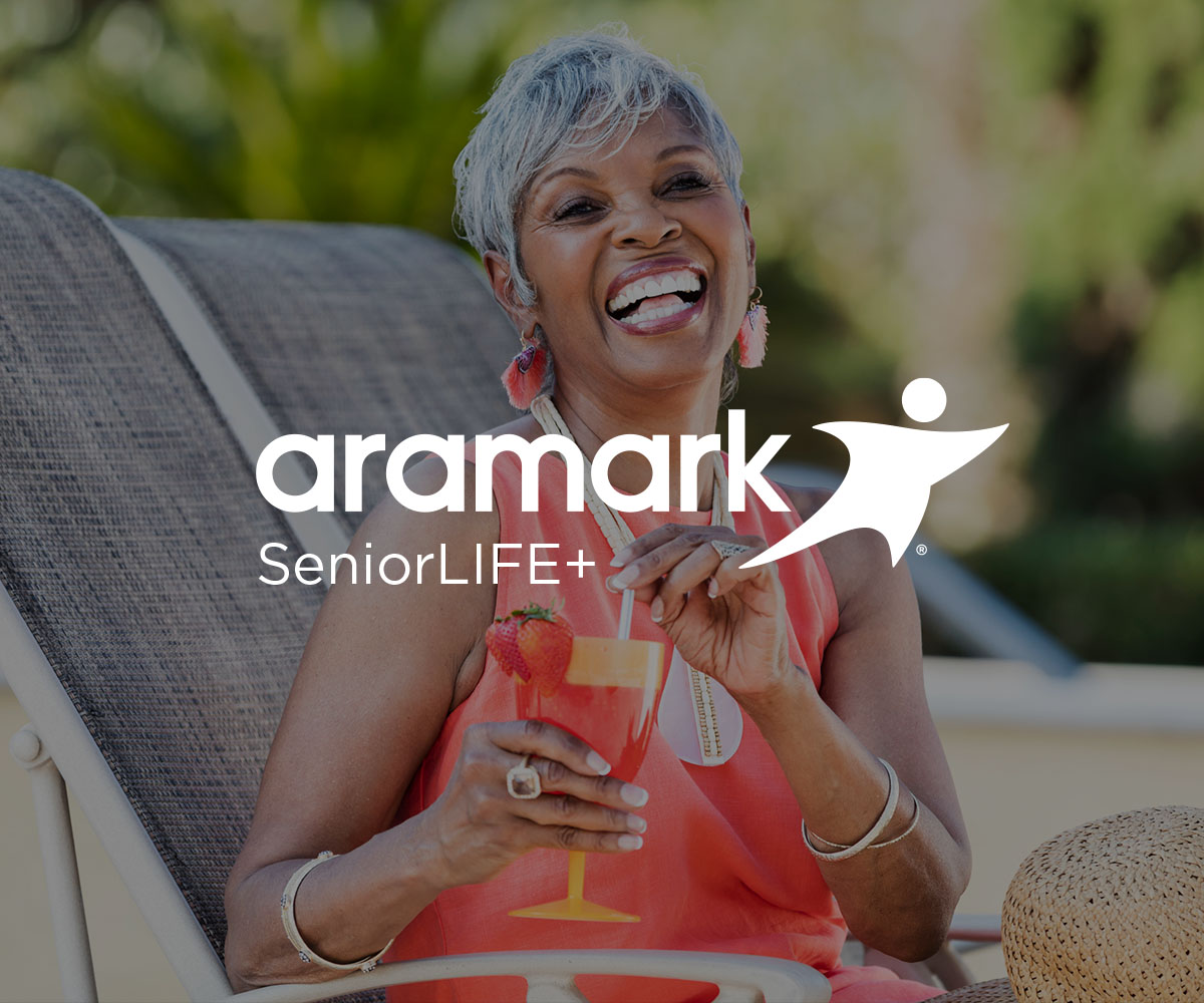 Elderly woman smiling with senior life plus logo