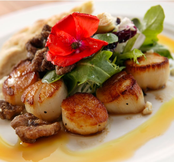 Cooked scallops on a plate.