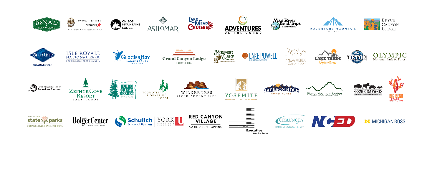 A collection of logos of organizations and locations partnered with Aramark Destinations.