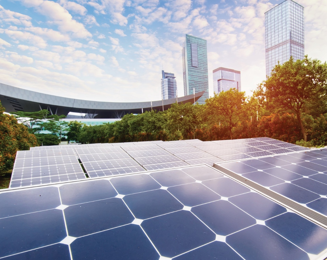 Solar panels on the outside of a convention center building.