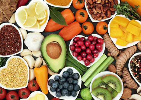 Fruits and vegetables in heart shaped bowls